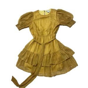 A. Calin Flying Tomato Stripe Puff Sleeve Dress Women L Mustard Tiered High Neck
